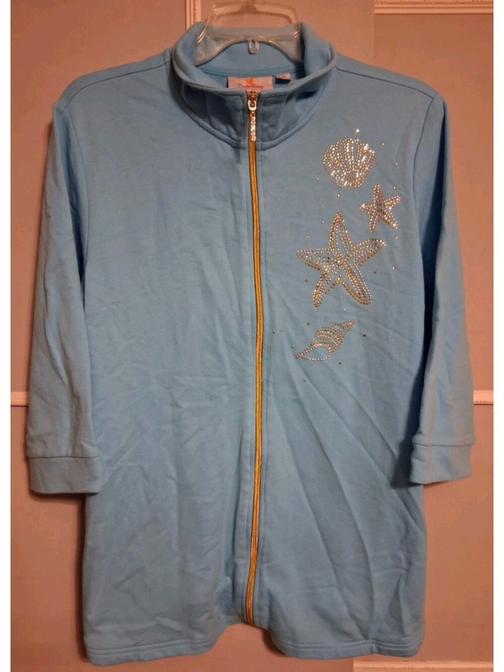 Quacker Factory Full Zip Blue Jacket Beach Gold Jeweled Shells M